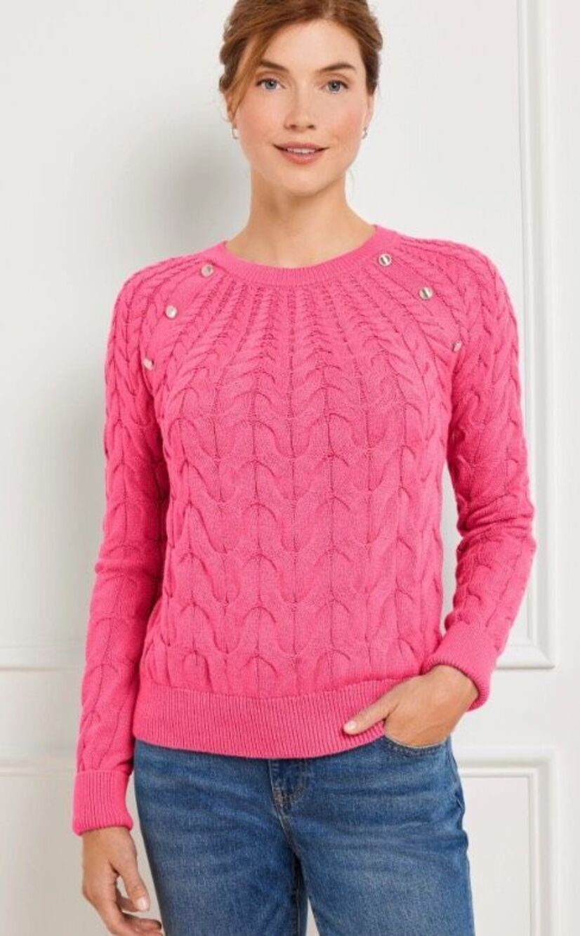 Talbots button raglan cotton and wool blend cable knit sweater in pink with gold